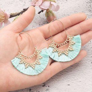 Fan Shaped Tassel Earrings Aqua Bohemian